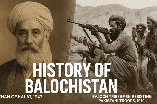 A composite image showing archival Baloch resistance in 1948 alongside modern-day BLA fighters during Operation Herof, highlighting the historical continuity of Balochistan’s independence movement.