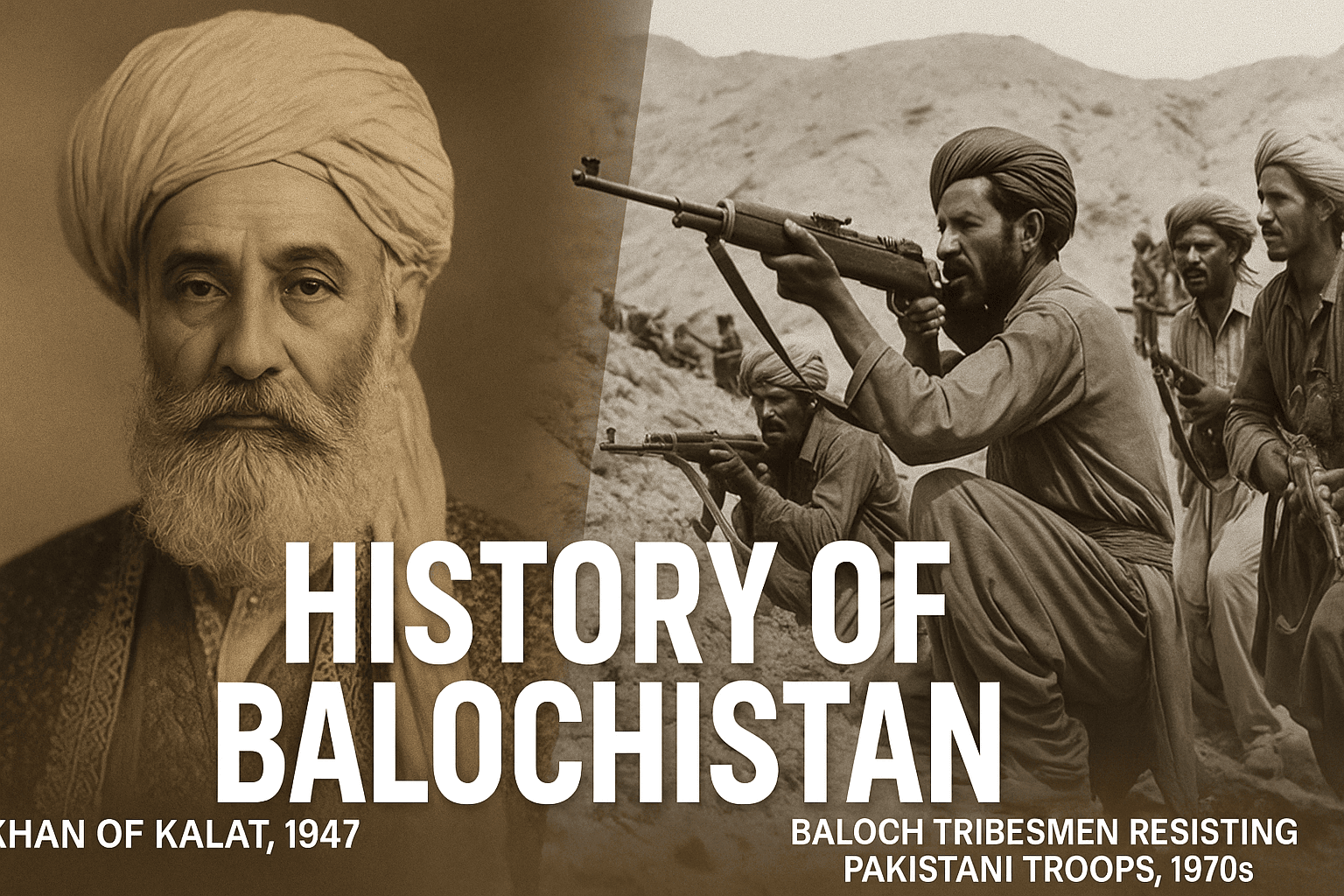 A composite image showing archival Baloch resistance in 1948 alongside modern-day BLA fighters during Operation Herof, highlighting the historical continuity of Balochistan’s independence movement.