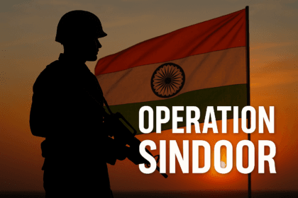 Silhouette of an Indian soldier with a rifle against the sunset, standing beside the Indian national flag, with bold text reading ‘Operation Sindoor’—depicting India’s precision military response.