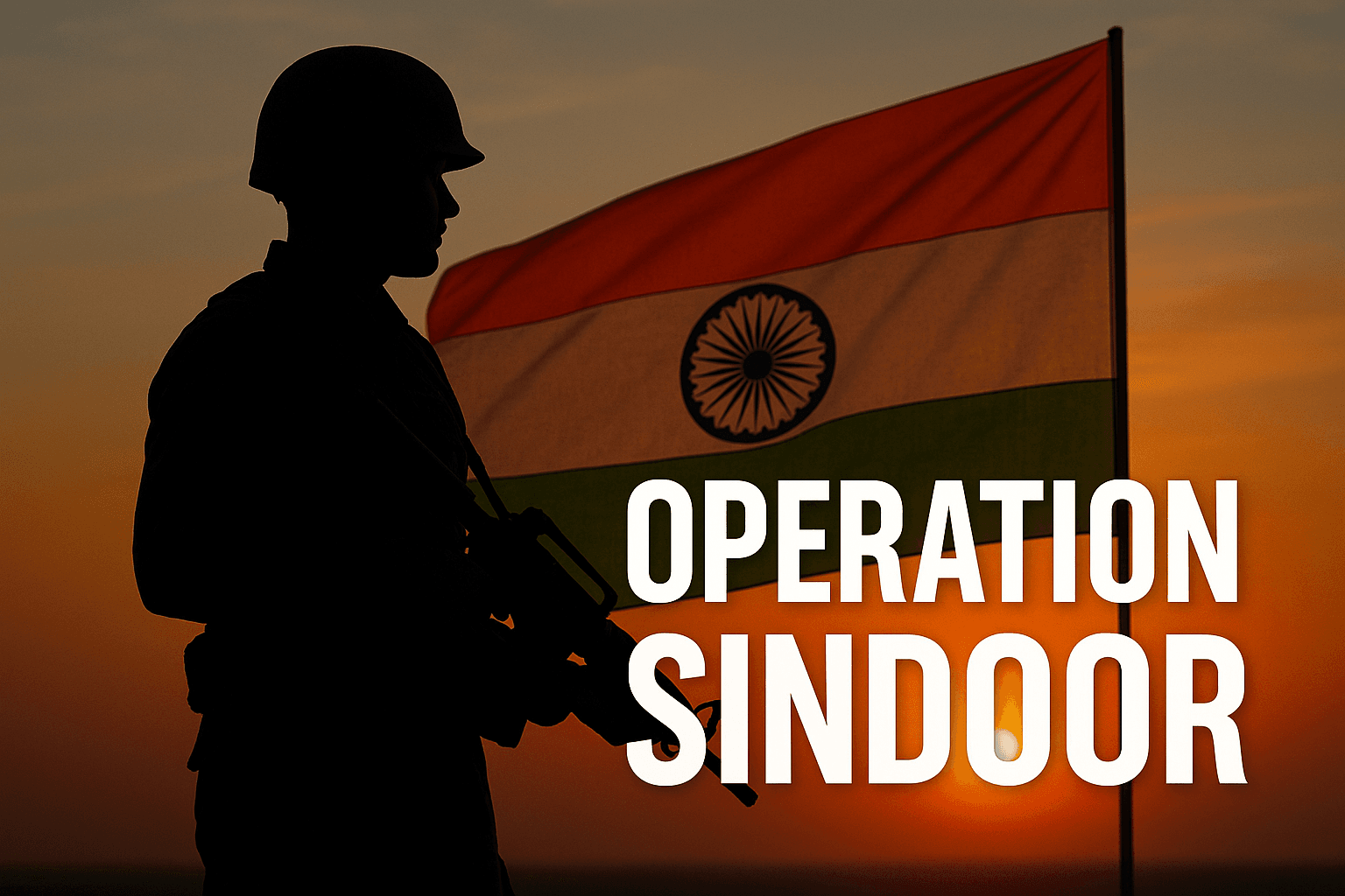 Silhouette of an Indian soldier with a rifle against the sunset, standing beside the Indian national flag, with bold text reading ‘Operation Sindoor’—depicting India’s precision military response.