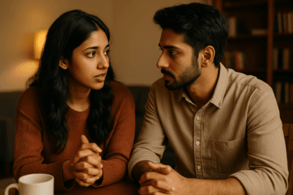 A modern Indian couple in their 20s sits across from each other in a warmly lit room, engaged in a deep, emotional conversation that reflects sexual intelligence and conscious intimacy.