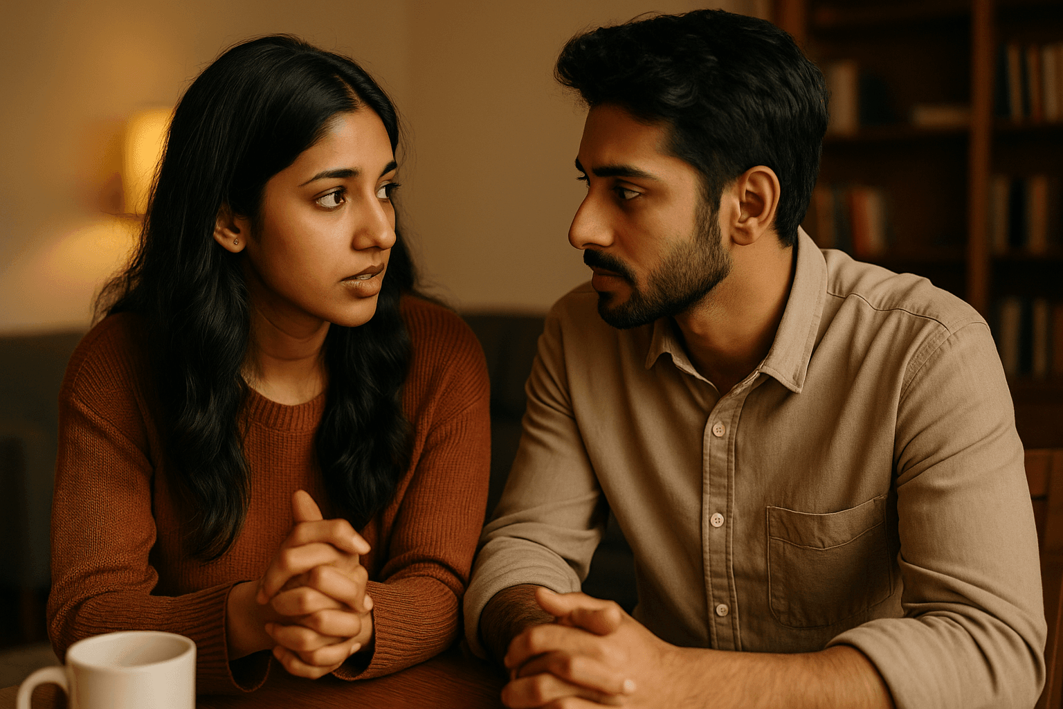 A modern Indian couple in their 20s sits across from each other in a warmly lit room, engaged in a deep, emotional conversation that reflects sexual intelligence and conscious intimacy.