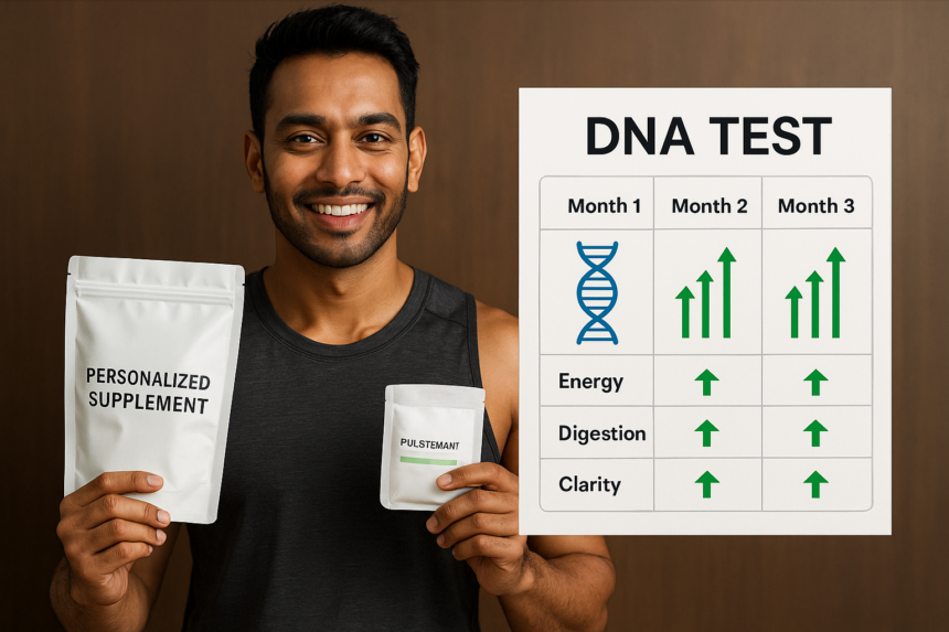 A fit Indian man smiles while holding personalized supplement packets next to a DNA test chart showing month-by-month improvements in energy, digestion, and clarity, illustrating the benefits of smart supplements.