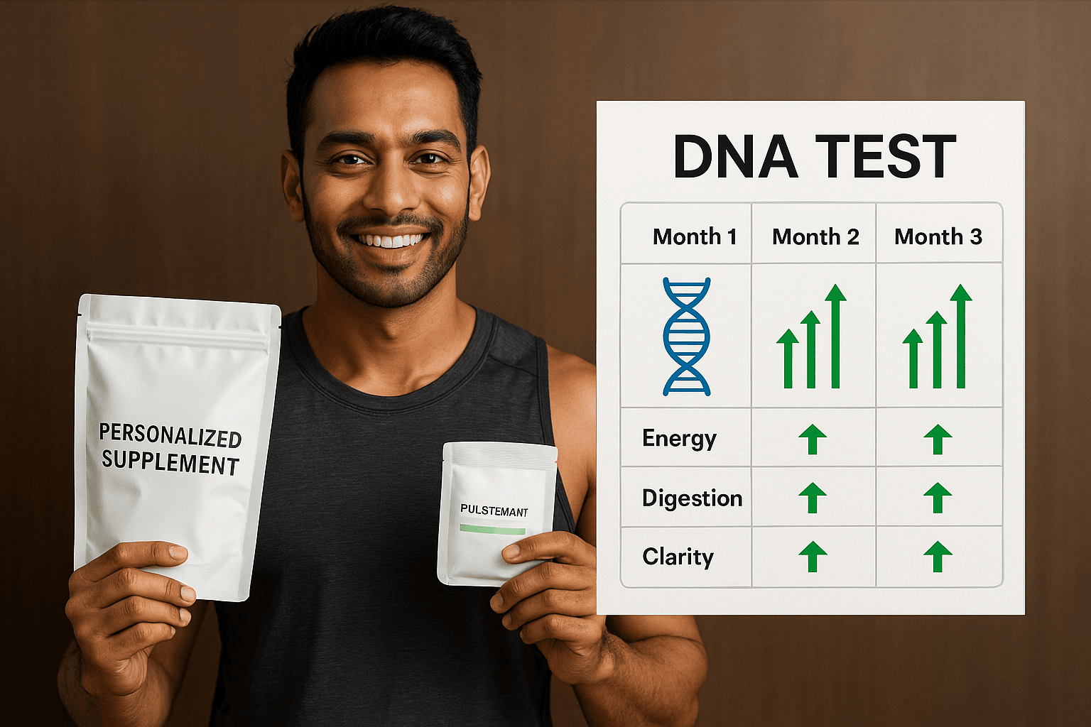 A fit Indian man smiles while holding personalized supplement packets next to a DNA test chart showing month-by-month improvements in energy, digestion, and clarity, illustrating the benefits of smart supplements.