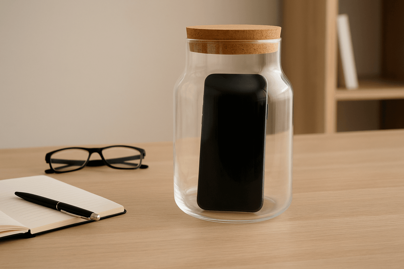 A smartphone placed inside a clear glass box on a wooden desk, surrounded by a notebook and pen — symbolizing the conscious disconnection encouraged by digital fasting.