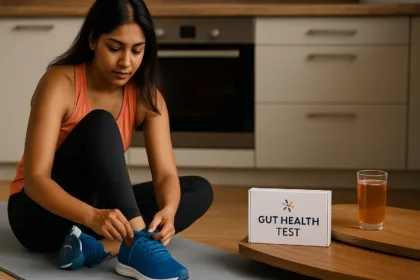 An Indian woman ties her running shoes beside a gut health testing kit and a glass of kombucha, symbolizing the connection between microbiome health and fitness routines.