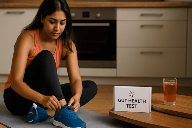 An Indian woman ties her running shoes beside a gut health testing kit and a glass of kombucha, symbolizing the connection between microbiome health and fitness routines.