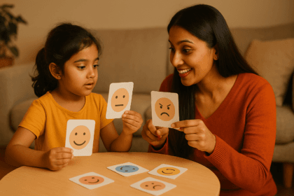 A mother and child pointing to facial expressions on flashcards, engaging in a pretend scenario to teach emotional awareness and body safety for kids.