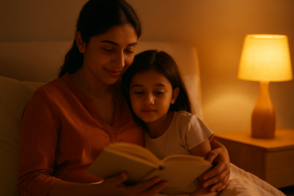 An Indian mother reading a bedtime story to her child in soft, warm lighting—symbolizing emotional repair, safety, and reconnection after conflict.