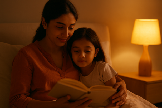An Indian mother reading a bedtime story to her child in soft, warm lighting—symbolizing emotional repair, safety, and reconnection after conflict.