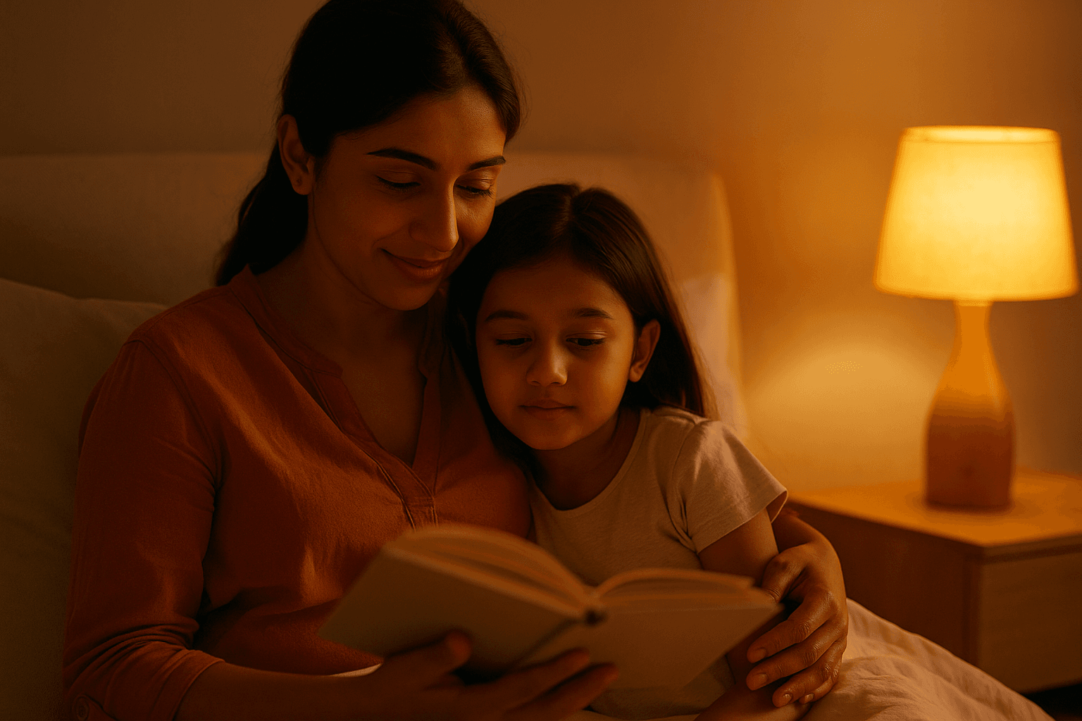 An Indian mother reading a bedtime story to her child in soft, warm lighting—symbolizing emotional repair, safety, and reconnection after conflict.