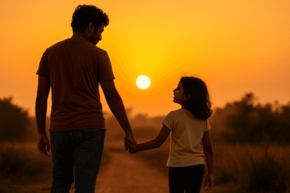 An Indian parent and child walking hand in hand at sunset, visually representing the emotional bond and healing inspired by conscious parenting exercises.
