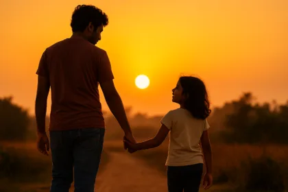 An Indian parent and child walking hand in hand at sunset, visually representing the emotional bond and healing inspired by conscious parenting exercises.