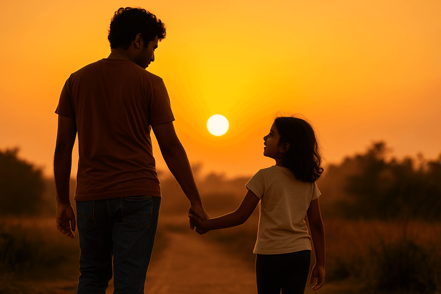 An Indian parent and child walking hand in hand at sunset, visually representing the emotional bond and healing inspired by conscious parenting exercises.