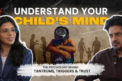 YouTube thumbnail showing a meaningful exchange between the host and a child psychologist, highlighting a discussion rooted in modern child psychology and practical parenting insights.