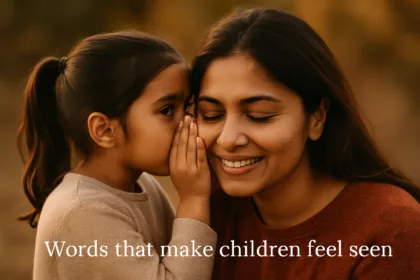 A young Indian girl whispering into her mother’s ear while the mother smiles gently, symbolizing emotional safety and trust—highlighting Words that make your children feel safe.