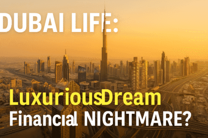 A golden-hued aerial view of Dubai’s skyline featuring the Burj Khalifa, highlighting the contrast between luxury and the looming Dubai real estate bubble