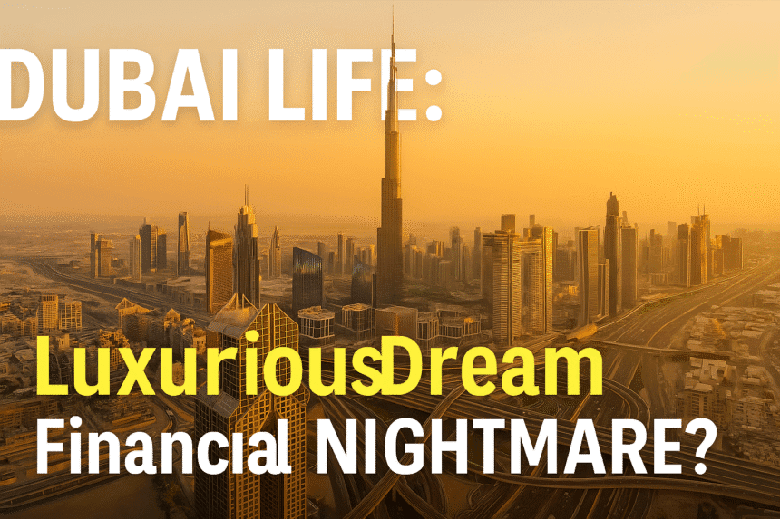 A golden-hued aerial view of Dubai’s skyline featuring the Burj Khalifa, highlighting the contrast between luxury and the looming Dubai real estate bubble