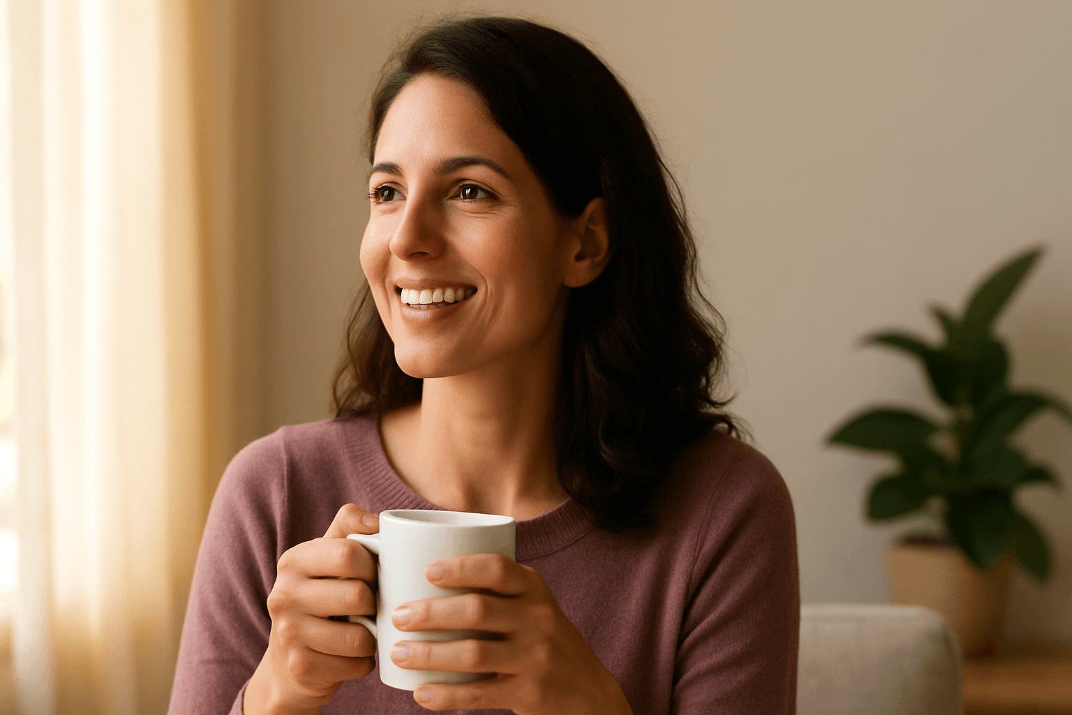 A confident woman in her 30s smiling and holding a cup of tea near a sunlit window, symbolizing peace, empowerment, and the decision to opt for egg freezing.