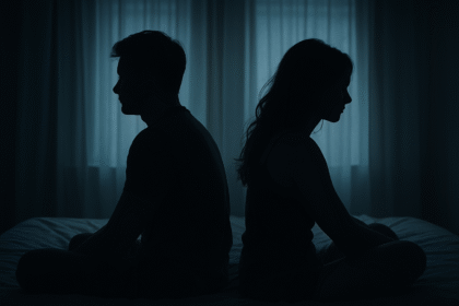 Silhouette of a couple sitting back-to-back on a bed in a dimly lit room, symbolizing emotional distance and communication breakdown in modern relationships.