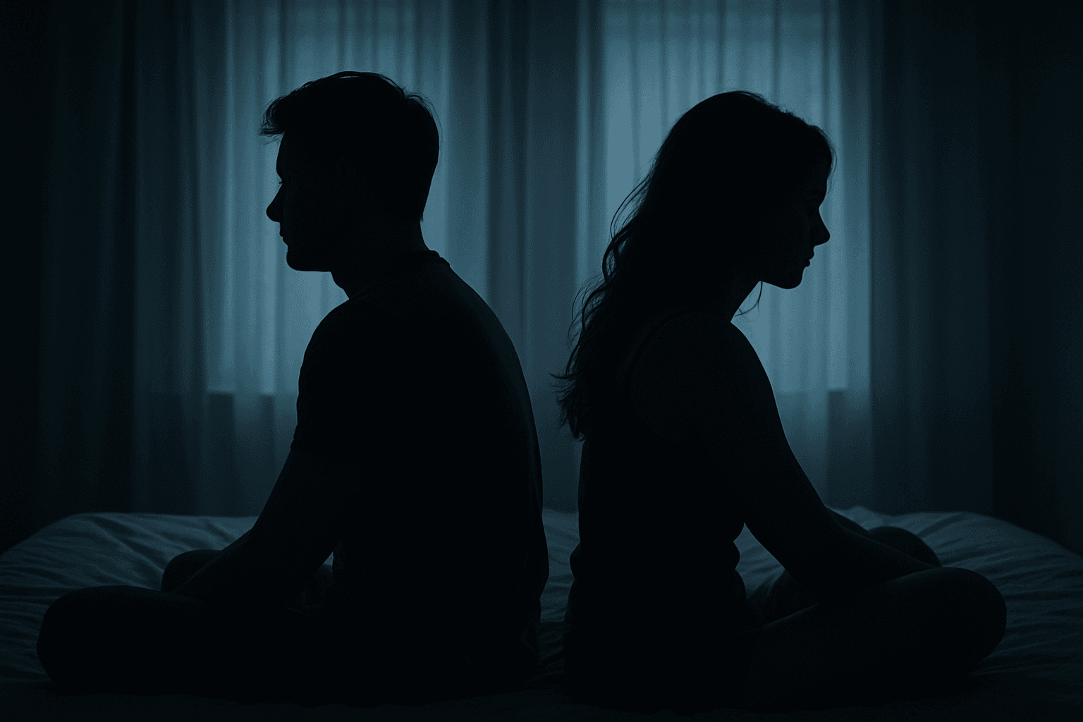 Silhouette of a couple sitting back-to-back on a bed in a dimly lit room, symbolizing emotional distance and communication breakdown in modern relationships.