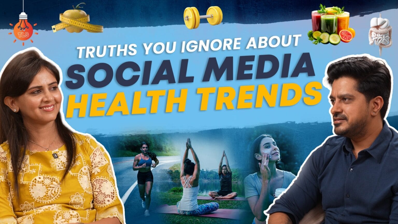 Podcast thumbnail showing host and guest discussing popular Indian wellness myths, including detox drinks, gym trends, and diet misconceptions.