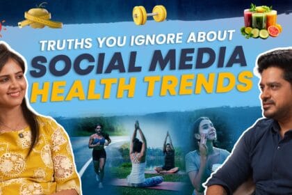 Podcast thumbnail showing host and guest discussing popular Indian wellness myths, including detox drinks, gym trends, and diet misconceptions.