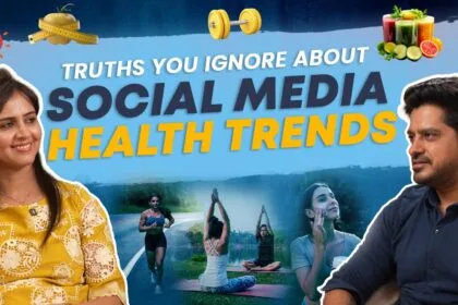 Podcast thumbnail showing host and guest discussing popular Indian wellness myths, including detox drinks, gym trends, and diet misconceptions.