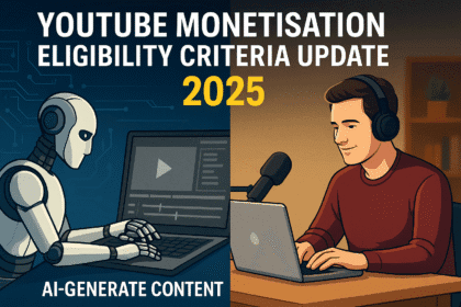 A symbolic comparison of AI-generated content and original creators reflecting the 2025 YouTube monetisation eligibility criteria update.