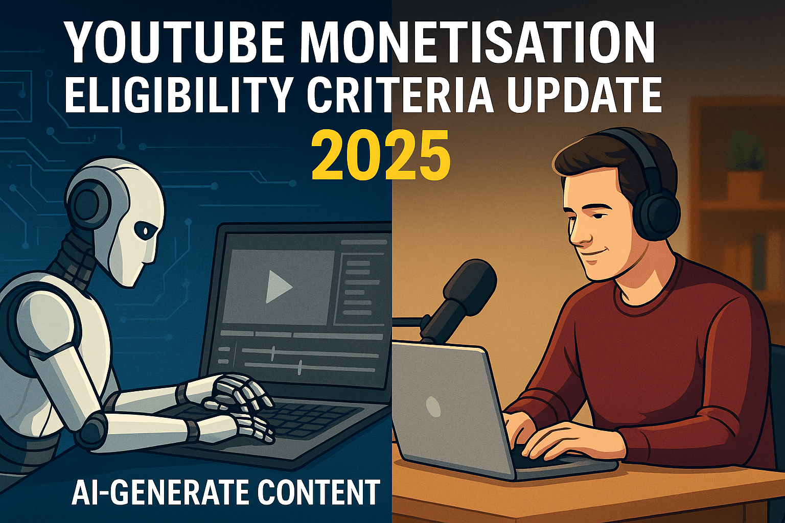 A symbolic comparison of AI-generated content and original creators reflecting the 2025 YouTube monetisation eligibility criteria update.