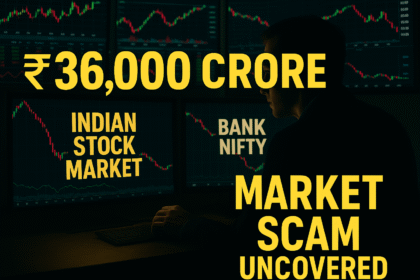 A digital image showing a trader facing multiple stock market screens with falling graphs, highlighting the ₹36,000 Crore Market Scam Uncovered. The image visually represents the Jane Street scam involving manipulation of the Indian Stock Market and Bank NIFTY index.