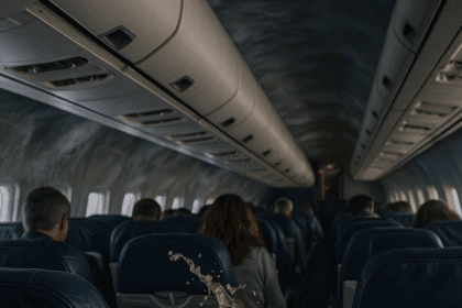 Interior of an airplane mid-flight showing visible turbulence, with overhead bins slightly open and drinks swaying, capturing the impact of airplane turbulence inside the cabin.