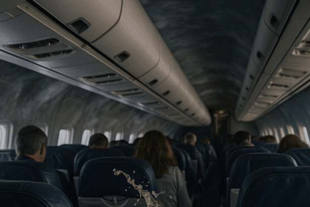 Interior of an airplane mid-flight showing visible turbulence, with overhead bins slightly open and drinks swaying, capturing the impact of airplane turbulence inside the cabin.