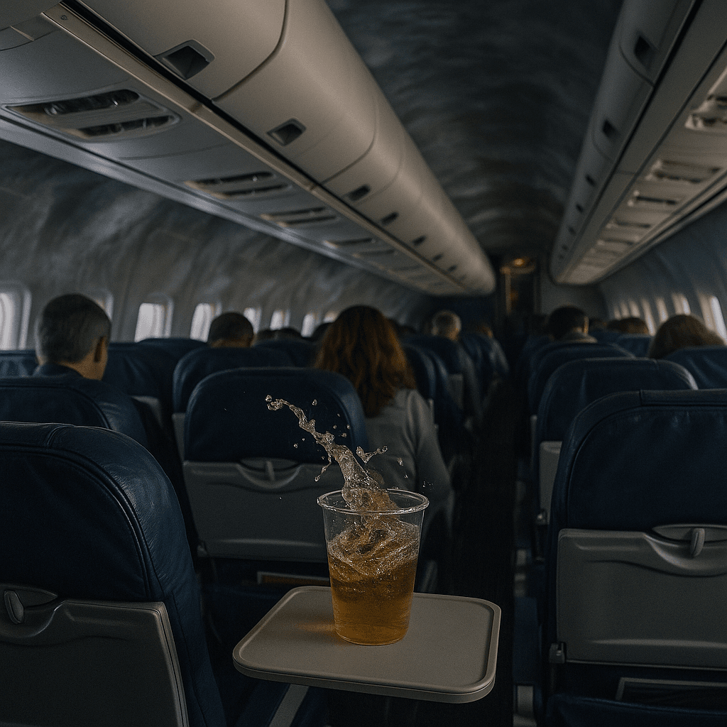 Interior of an airplane mid-flight showing visible turbulence, with overhead bins slightly open and drinks swaying, capturing the impact of airplane turbulence inside the cabin.
