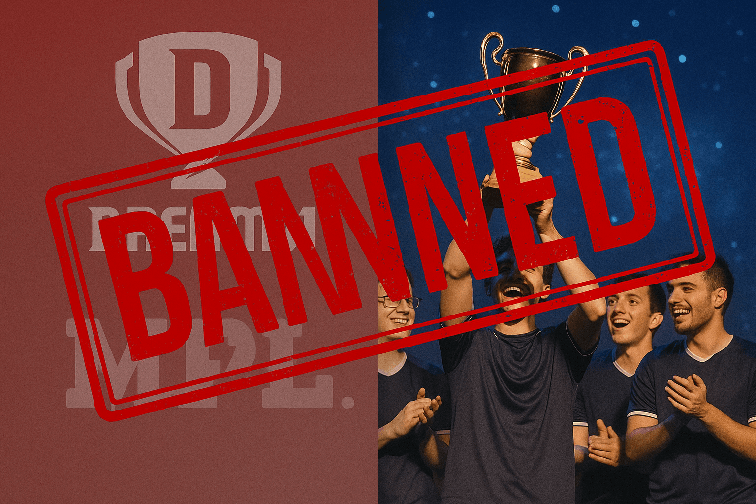 The impact of the online gaming ban in India; on the left, the Dream11 and MPL logos are fading, and on the right, an esports team celebrates a trophy victory.