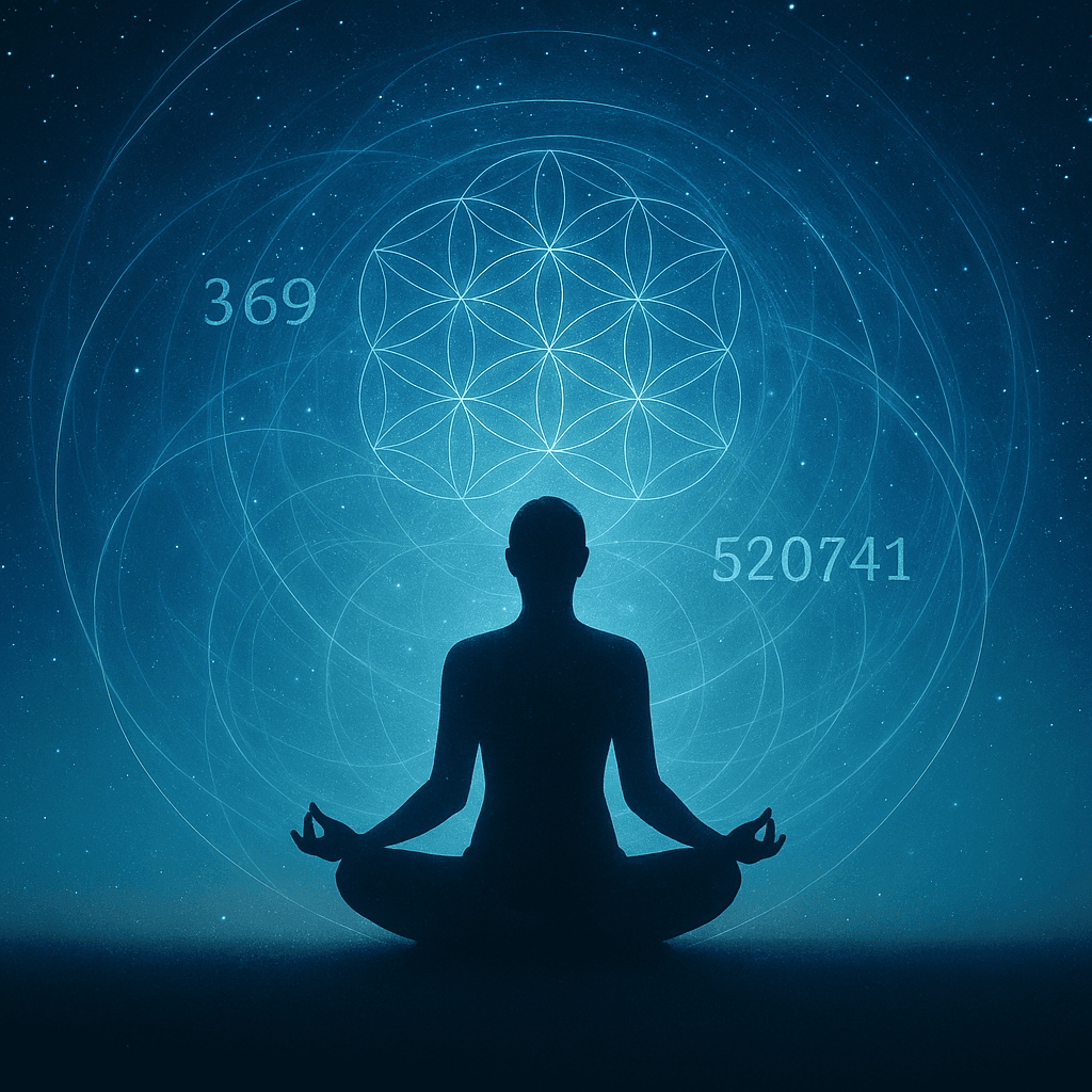 Silhouette of a person meditating under a starry sky, surrounded by glowing sacred geometry, energy fields, and the spiritual science numbers 369 and 520741 flowing through the atmosphere.