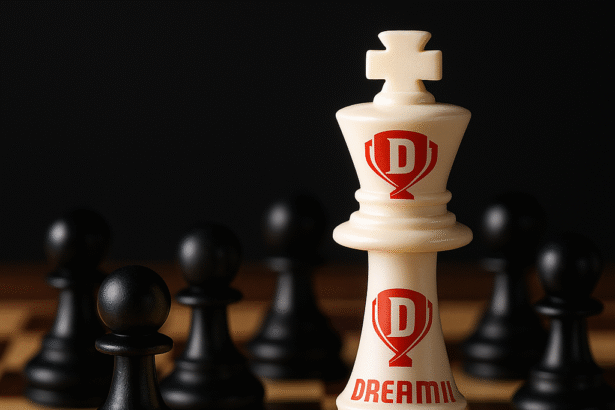 Dream11 king chess piece standing prominently on a chessboard surrounded by black pawns, symbolizing Dream11's dominance over other gaming platforms.