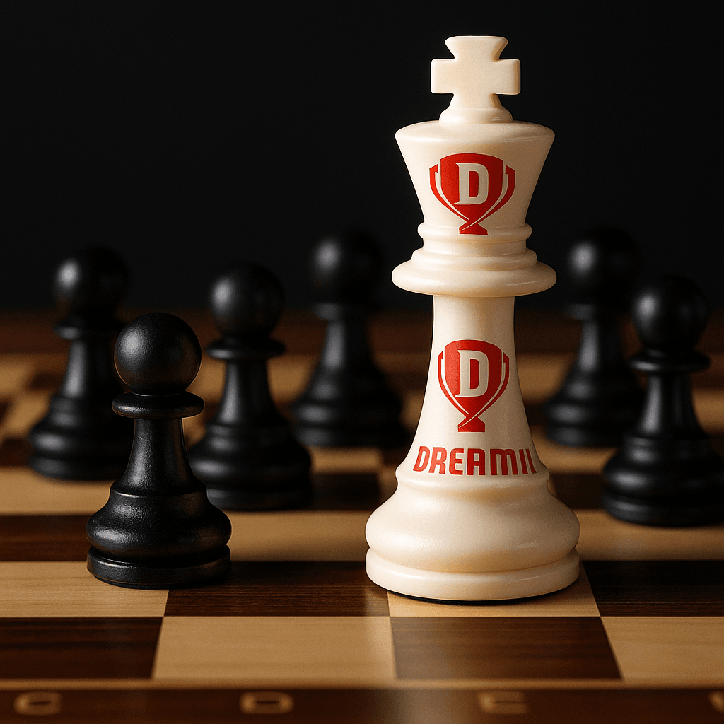 Dream11 king chess piece standing prominently on a chessboard surrounded by black pawns, symbolizing Dream11's dominance over other gaming platforms.