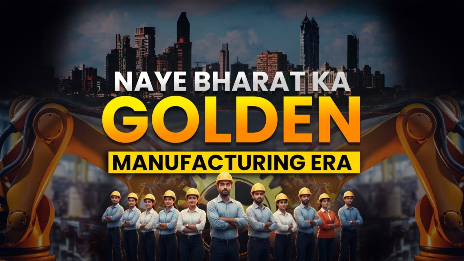 India’s Manufacturing Era showcasing growth in mobile phones, defense equipment, pharma exports, renewable energy, and Vande Bharat trains – symbolizing India’s rise as a global manufacturing hub.