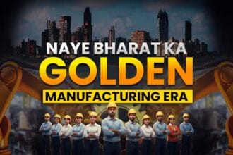 India’s Manufacturing Era showcasing growth in mobile phones, defense equipment, pharma exports, renewable energy, and Vande Bharat trains – symbolizing India’s rise as a global manufacturing hub.