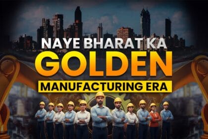 India’s Manufacturing Era showcasing growth in mobile phones, defense equipment, pharma exports, renewable energy, and Vande Bharat trains – symbolizing India’s rise as a global manufacturing hub.