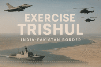 A powerful image depicting Operation Trishul near the India-Pakistan border, showing Indian Army tanks advancing across the Rann of Kutch desert, Navy ships patrolling the coastline, and Air Force jets and helicopters flying overhead—symbolizing India’s tri-service strength and coordination.
