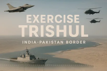 A powerful image depicting Operation Trishul near the India-Pakistan border, showing Indian Army tanks advancing across the Rann of Kutch desert, Navy ships patrolling the coastline, and Air Force jets and helicopters flying overhead—symbolizing India’s tri-service strength and coordination.