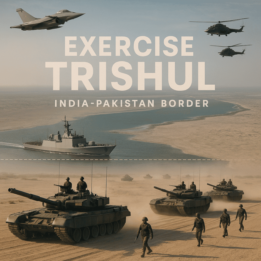 A powerful image depicting Operation Trishul near the India-Pakistan border, showing Indian Army tanks advancing across the Rann of Kutch desert, Navy ships patrolling the coastline, and Air Force jets and helicopters flying overhead—symbolizing India’s tri-service strength and coordination.