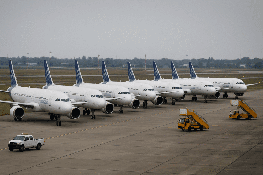 Multiple grounded Airbus A320 aircraft parked on an airport runway due to emergency recall