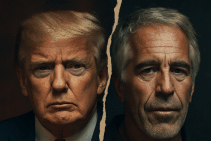 A cinematic split-portrait showing Donald Trump on the left and Jeffrey Epstein files on the right, divided by a jagged torn-paper effect symbolizing secrecy, conflict, and hidden connections.