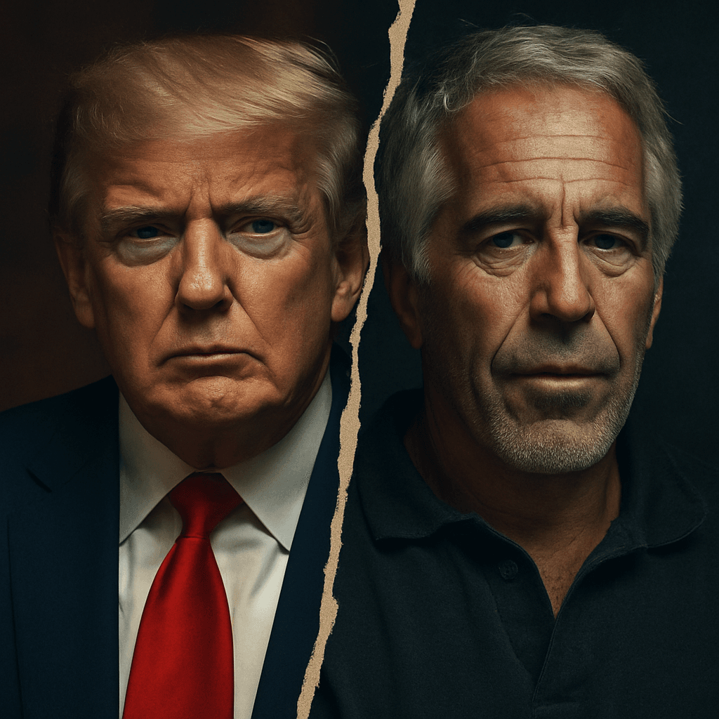 A cinematic split-portrait showing Donald Trump on the left and Jeffrey Epstein files on the right, divided by a jagged torn-paper effect symbolizing secrecy, conflict, and hidden connections.