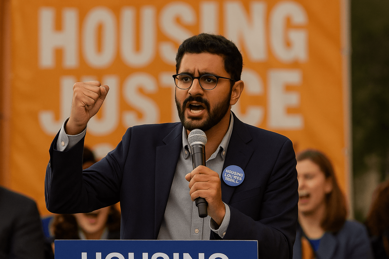 Zohran Mamdani, Ugandan-born Indian-American progressive politician and New York City mayoral nominee, speaking passionately at a campaign rally about housing justice and equality.