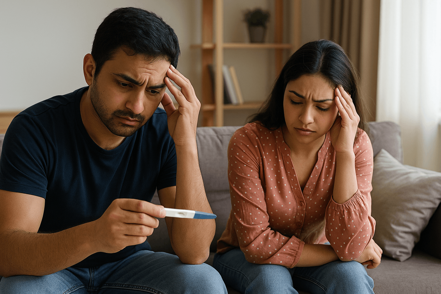 An Indian couple sits on a couch, visibly distressed while holding a negative pregnancy test, symbolizing the growing issue of fertility crisis and emotional struggle faced by many in India.