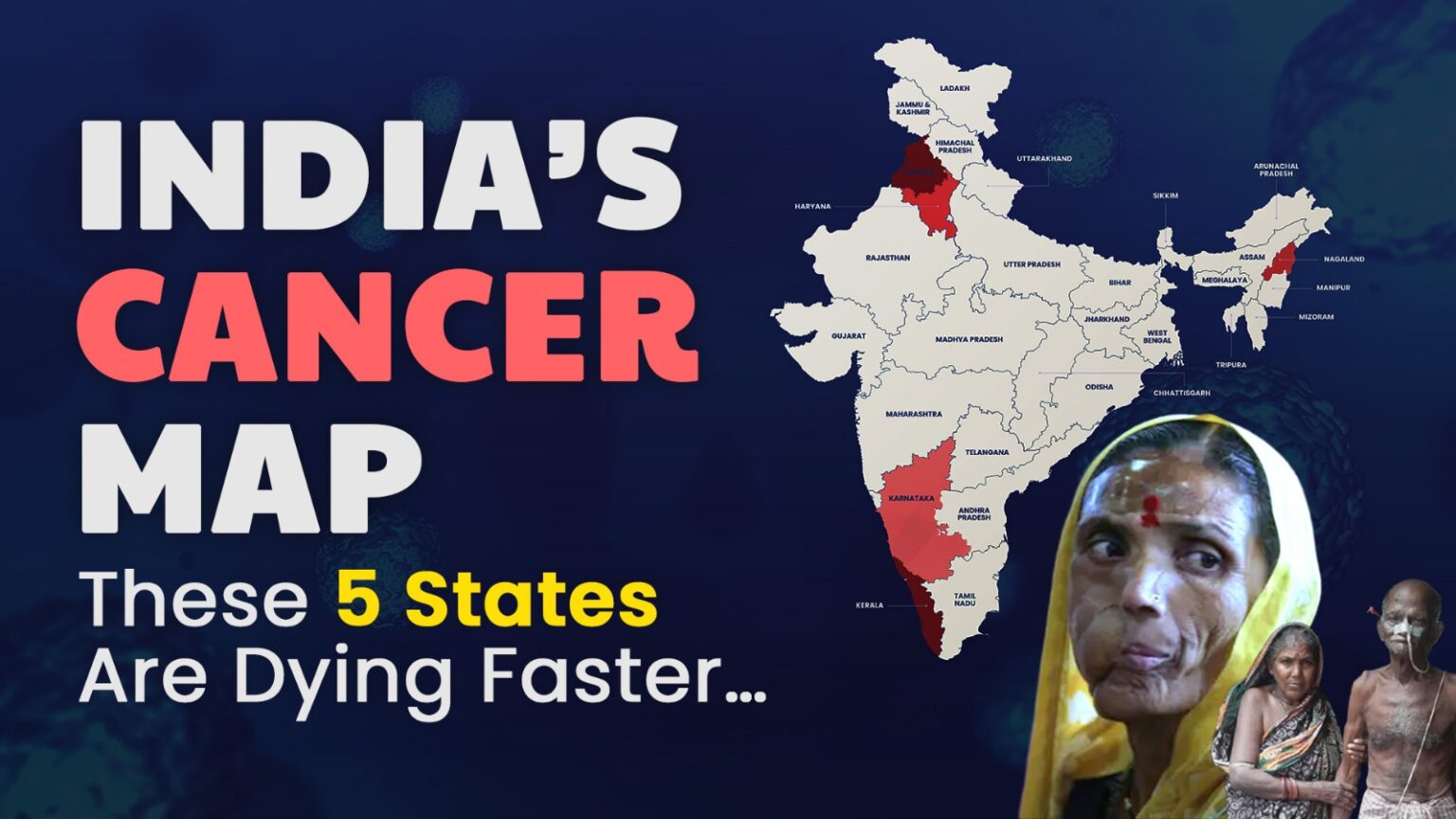 Map of India highlighting states with highest cancer burden in India in 2026 — Kerala, Punjab, Delhi, Haryana, Manipur, and Karnataka — showing rising cancer incidence and mortality projections with 1.87 million new cancer cases nationwide
